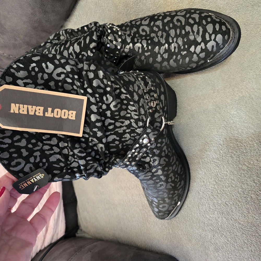 SHYANNE Black and Gray Leopard Print Boots